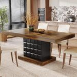 Tribesigns 63'' Dining Table for 4-6, Farmhouse Wooden Rectangular Dinner Table with Geometric Relief, Pedestal Base (Brown and Black) - Image 2