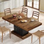 Tribesigns 63'' Dining Table for 4-6, Farmhouse Wooden Rectangular Dinner Table with Geometric Relief, Pedestal Base (Brown and Black) - Image 4