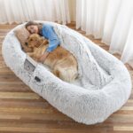 WROS Human Dog Bed - 71"x45"x12" Fits You & Pets, Washable Faux Fur, Orthopedic, Plump Pillow, Blanket, Strap - Grey - Image 2