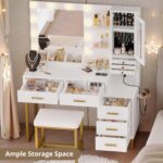 IRONCK Vanity Desk with Mirror and Lights, Makeup Vanity Table with 5 Drawers & Shelves, Power Outlet, Vanity Stool, Dressing Table with Jewelry Storage for Bedroom, White & Gold - Image 8