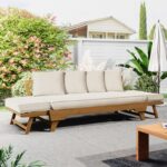 Merax Outdoor Patio Daybed Sofa,3-Seat Sofa with Foldable Arm 4 Back Pillows,Teak Acacia Wood Frame Beige Removable Cushion,Teak+ Beige - Image 3