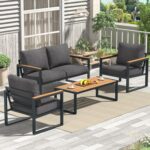 Patio Furniture Set, 4 Pieces Outdoor Patio Furniture with Coffee Table Set, Metal Patio Conversation Sets with Washable and High-Resiliency Sponge Cushions,Upgarded Grey - Image 2