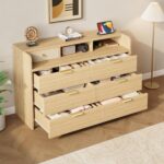 MapleGrace 53'' Wide 9 Drawer Dresser for Bedroom, Wood TV Stand Dresser with Power Outlets & LED Light, Chest of Drawers Closet Store Organizer for Living Room, Hallway, Light Oak - Image 7