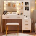 IRONCK Vanity Desk with Mirror and Lights, Makeup Vanity Table with 5 Drawers & Shelves, Power Outlet, Vanity Stool, Dressing Table with Jewelry Storage for Bedroom, White & Gold - Image 2