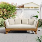 Merax Outdoor Patio Daybed Sofa,3-Seat Sofa with Foldable Arm 4 Back Pillows,Teak Acacia Wood Frame Beige Removable Cushion,Teak+ Beige - Image 2