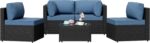 Patio Furniture Sets, 5 Piece Outdoor Sectional Sofas, Wicker Rattan Outdoor Furniture Patio Conversation Set, All-Weather PE Rattan Outdoor Couch for Backyard, Garden, Black & Aegean Blue - Image 2