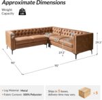 HULALA HOME Faux Leather Sectional Couch with Metal Legs, Mid-Century Modern Chesterfield Sofa with Button-Tufted Backrest, 5-Seater Corner Sectional Sofa for Living Room, Camel - Image 3