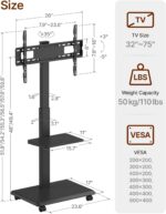 Steel Base Rolling TV Stand for 32-75 inch TVs up to 110 lbs, Leveling & Tilt & Swivel Mobile TV Stand with Hidden Wire Management, Height Adjustable Portable Tv Stand with Steel Shelf, Black - Image 8