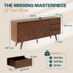 Bme Sideboard Georgina Solid Wood 2 Doors & 3 Drawers, 61'' Mid Century Modern Cabinet with Geometric Pattern for Kitchen, Dining, Living Room - Image 3