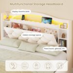 DICTAC Full Size Bed Frame for Kids with 4 Storage Drawers, Bookcase Headboard, LED Lights and Power Outlets, Diamond Tufted Velvet Upholstered Princess Platform Bed, Heavy-Duty Metal Support, Beige - Image 4