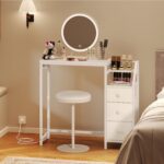 YATINEY Small Vanity Desk Without Mirror, Makeup Vanity Table with Power Outlet, White Vanity with Fabric Drawers, Dressing Table, for Small Spaces, Bedroom, White - Image 5