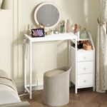YATINEY Small Vanity Desk Without Mirror, Makeup Vanity Table with Power Outlet, White Vanity with Fabric Drawers, Dressing Table, for Small Spaces, Bedroom, White - Image 2