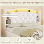 DICTAC Full Size Bed Frame for Kids with 4 Storage Drawers, Bookcase Headboard, LED Lights and Power Outlets, Diamond Tufted Velvet Upholstered Princess Platform Bed, Heavy-Duty Metal Support, Beige - Image 6