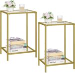 HOMSHO Side Tables Set of 2, End Tables with Tempered Glass, 2-Tier Nightstands with Storage Shelves, Coffee Table with Modern Style, Slim Sofa Table for Living Room, Bedroom, 11.8" D x 15" W, Gold - Image 2