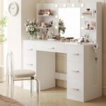 YESHOMY Vanity Desk with Mirror, Power Outlet and 10 Lights, Makeup Table with 7 Drawers, 3 Color Modes Available for Bedroom, Pure White - Image 2