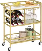 MAHANCRIS Bar Cart for Home, 3-Tier Serving Cart with Wheels and Handle, Beverage Cart with Wine Rack and Glass Holders, Rolling Wine Cart for Kitchen, Dining Room, Gold and White RCJM6101 - Image 10