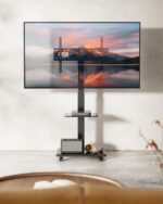 Steel Base Rolling TV Stand for 32-75 inch TVs up to 110 lbs, Leveling & Tilt & Swivel Mobile TV Stand with Hidden Wire Management, Height Adjustable Portable Tv Stand with Steel Shelf, Black - Image 10