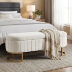 51 Inch Storage Ottoman Bench Velvet End of Bed Storage Bench King Size Upholstered Tufted Bench Large Space for Bedroom Living Room Entryway Beige - Image 4