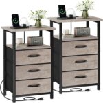 Vagusicc Nightstand Set of 2 with Charging Station, Bedside Table with USB Ports and Outlet, End Table Side Table with 3 Fabric Drawer and Storage Shelf, Bed Side Table Night Stand for Bedroom, Greige - Image 2