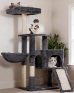 Heybly Cat Tree with Cat Self Groomer Brush, Cat Tower Condo for Indoor Cats with Padded Plush Perch, Cat House with Basket Scratching Board Post, Smoky Gray HCT005SG - Image 2