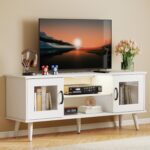 Turosur Wood TV Stand for 55 Inch TV, Mid Century Modern Entertainment Center with Adjustable Shelf, Sensor LED Light, 2 Cabinets, TV Media Console for Living Room Bedroom White - Image 2