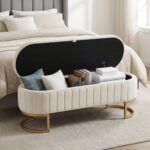 51 Inch Storage Ottoman Bench Velvet End of Bed Storage Bench King Size Upholstered Tufted Bench Large Space for Bedroom Living Room Entryway Beige - Image 2