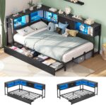 Hasuit Corner Bed Frame Twin XL with Storage Drawers and Bookcase Headboard, Metal Platform Corner Bed Frame with Charging Station and LED Lights, Twin XL Size Daybed for Kids Teens Guests, Black - Image 2