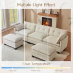 Amsleekey 111.5" U-Shaped Modular Sectional Sofa, Beige Corduroy | 3-Seater Cloud Couch, 2 Movable Ottoman, Flexible Combination, Deep Seat, 2 Sets of Legs of Different Heights for Living Room - Image 9
