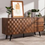 Bme Sideboard Georgina Solid Wood 2 Doors & 3 Drawers, 61'' Mid Century Modern Cabinet with Geometric Pattern for Kitchen, Dining, Living Room - Image 2