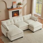 Amsleekey 111.5" U-Shaped Modular Sectional Sofa, Beige Corduroy | 3-Seater Cloud Couch, 2 Movable Ottoman, Flexible Combination, Deep Seat, 2 Sets of Legs of Different Heights for Living Room - Image 2