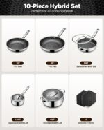 Pots and Pans Set Hybrid Stainless Steel, 10PC Nonstick Tri-Ply Cookware Set w/Frying pan, Dishwasher & Oven Safe, PFOA-Free, Metal Utensil Safe, Suitable for All Cooktops - Image 3