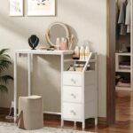 YATINEY Small Vanity Desk Without Mirror, Makeup Vanity Table with Power Outlet, White Vanity with Fabric Drawers, Dressing Table, for Small Spaces, Bedroom, White - Image 3