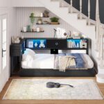 Hasuit Corner Bed Frame Twin XL with Storage Drawers and Bookcase Headboard, Metal Platform Corner Bed Frame with Charging Station and LED Lights, Twin XL Size Daybed for Kids Teens Guests, Black - Image 3