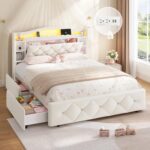 DICTAC Full Size Bed Frame for Kids with 4 Storage Drawers, Bookcase Headboard, LED Lights and Power Outlets, Diamond Tufted Velvet Upholstered Princess Platform Bed, Heavy-Duty Metal Support, Beige - Image 2