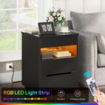 HOOBRO Nightstand with Charging Station, LED Bedside Table with Drawers, Lockable Hidden Compartment, Modern End Table, Night Stand for Bedroom, 2 AC Outlets, USB-A Port and Type-C, Black BB144UDBZ01 - Image 3