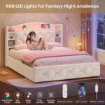 DICTAC Full Size Bed Frame for Kids with 4 Storage Drawers, Bookcase Headboard, LED Lights and Power Outlets, Diamond Tufted Velvet Upholstered Princess Platform Bed, Heavy-Duty Metal Support, Beige - Image 7