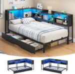Hasuit Corner Bed Frame Twin with 2 Drawers and Storage Bookcase, Daybed with Charging Station and LED Lights, Metal Platform Bed with Bookshleves,Twin Size Bed Frame for Kids Teens Guests, Black - Image 2