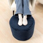 Ottoman Foot Rest Stuffed Round Boho Comfortable Floor Poof Seating Armchair Foot Stool Floor Cushion Bean Bag Pouf Ottoman 18x18x14 Inch Navy Blue - Image 4