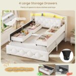 DICTAC Full Size Bed Frame for Kids with 4 Storage Drawers, Bookcase Headboard, LED Lights and Power Outlets, Diamond Tufted Velvet Upholstered Princess Platform Bed, Heavy-Duty Metal Support, Beige - Image 8