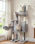 Gitelsnour Cat Tree for Indoor Cats, Cat Tower with Scratching Post for Small Cats and Kittens, Cat House with Removable Top Platform and Fluffy Balls, Hanging Cat Basket, Light Gray GCT006SW - Image 2