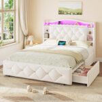DICTAC Full Size Bed Frame for Kids with 4 Storage Drawers, Bookcase Headboard, LED Lights and Power Outlets, Diamond Tufted Velvet Upholstered Princess Platform Bed, Heavy-Duty Metal Support, Beige - Image 10