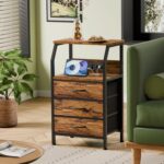 Furnulem Night Stand with Charging Station, USB Ports and Outlets, 28.3 Inch Tall Bedside Table with Wood Shelf, 3 Fabric Drawers Side Table for Bedroom, 3 Ways to Use, Rustic Brown - Image 5