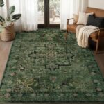 Vintage Dark Green Area Rugs 5x7 for Living Room, Tranditional Distressed Medallion Printed Low Pile Thin Rugs for Bedroom, Non Slip Washable Carpet Rugs for Dining Room/Kitchen/Home Office - Image 2