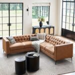 HULALA HOME Faux Leather Sectional Couch with Metal Legs, Mid-Century Modern Chesterfield Sofa with Button-Tufted Backrest, 5-Seater Corner Sectional Sofa for Living Room, Camel - Image 2