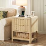 Huuger 27.6 Inch Tall Night Stands with Charger Station, USB-C Port, Fluted Nightstand Set of 2, Larger Wider Bed Side Table with 2 Deep Drawers, Open Shelf, Bedroom Living Room End Table, Natural - Image 8