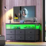 Huuger LED TV Stand for Bedroom, 47 Inch Dresser TV Stand for 43, 50, 55 Inch TV, Black TV Stand with Storage, Entertainment Center with Power Outlets, 6 Drawer Fabric Dresser for Living Room - Image 2