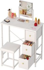 27.5" Small Vanity Desk with Mirror & Chair, Compact Makeup Vanity Set with Chair, Small Dressing Table with 3 Fabric Drawers for Bedroom, Make up Table with Stool for Girls, Kids, Teens, White - Image 2