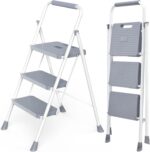 DUMOS Step Ladder, 3 Sturdy Step Stool with Anti-Slip Pedal & Comfortable Handrail, Portable Heavy Duty Step Stool for Kitchen, Garage & Outdoor Use, 800lbs, Grey - Image 2