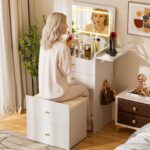 COMHOMA Makeup Vanity Desk with Mirror and Lights, Small 3 in 1 Vanity Table with Visible Glass Top, Flip Top & 3 Drawers, Compact Dressing with Storage Stool for Room or Office - Image 3