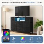 DUMOS TV Stand Dresser with 8 Fabric Drawers and Open Shelves, LED Entertainment Center with Charging Station, Wood Top Media Console for 45-55 inch, Bedroom, Woodgrain Black - Image 5